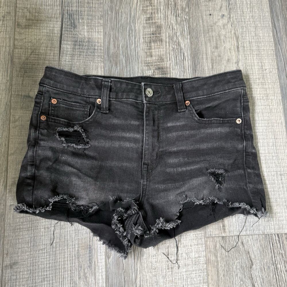 American Eagle High Rise Shortie Distressed Cut Off Black Denim Women 8 Stretch